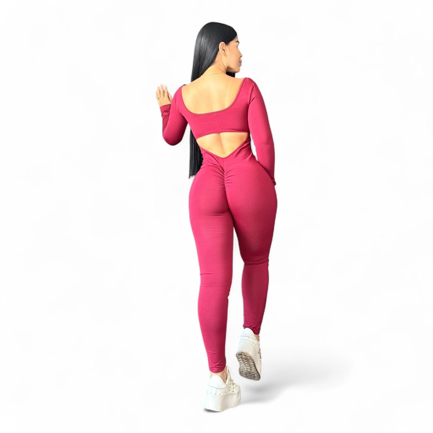 Suplex Push Up Long Sleeve Jumpsuit - Wine Red