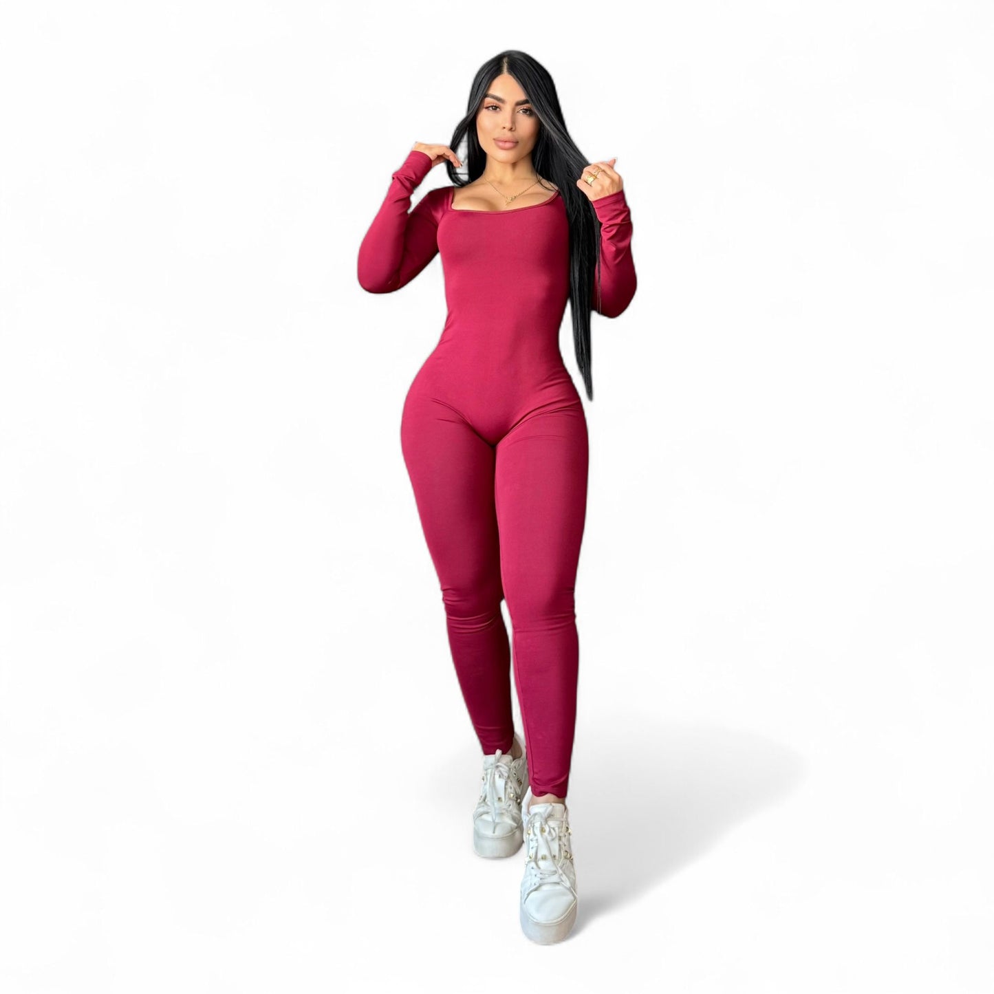 Suplex Push Up Long Sleeve Jumpsuit - Wine Red