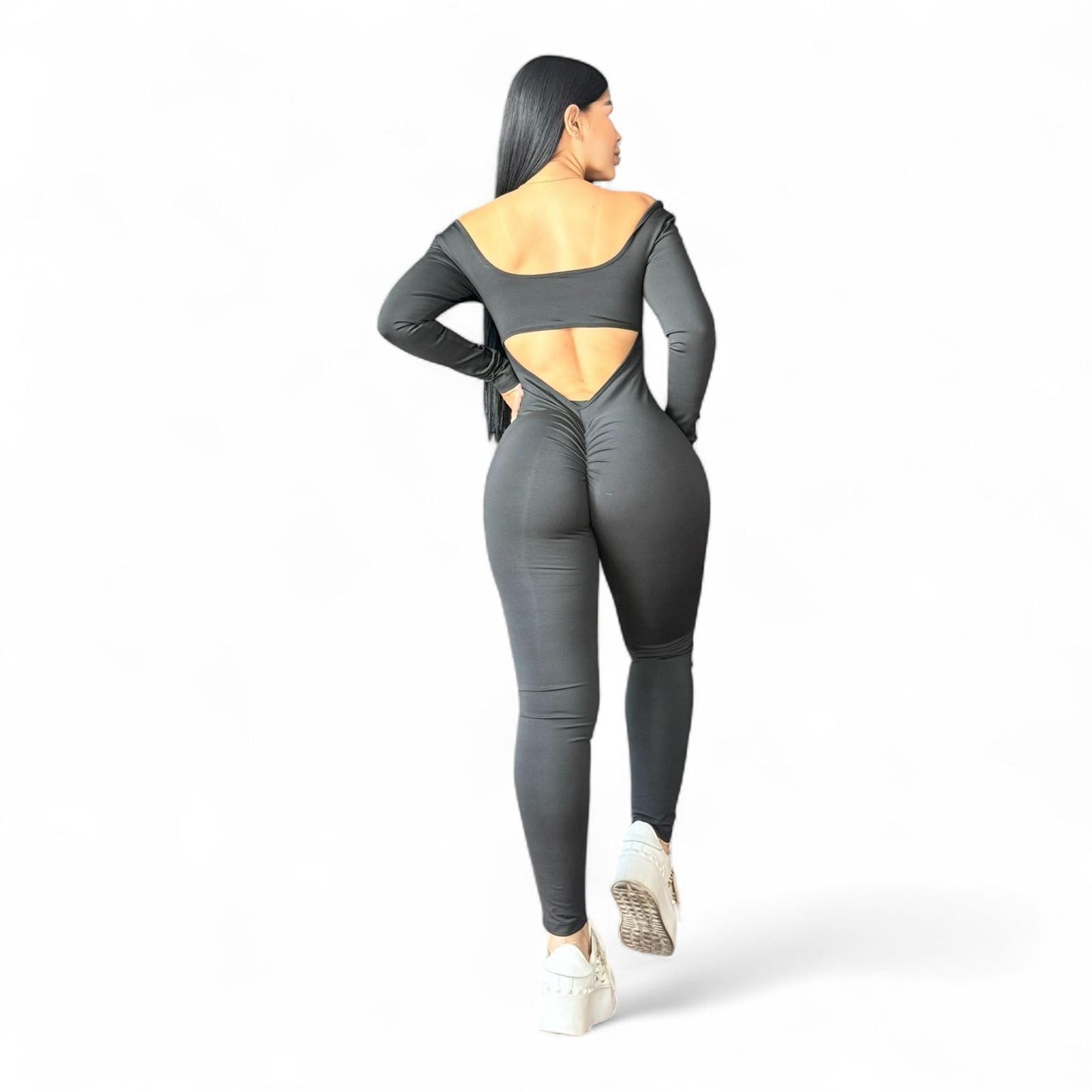 Black Suplex Push Up Long Sleeve Jumpsuit