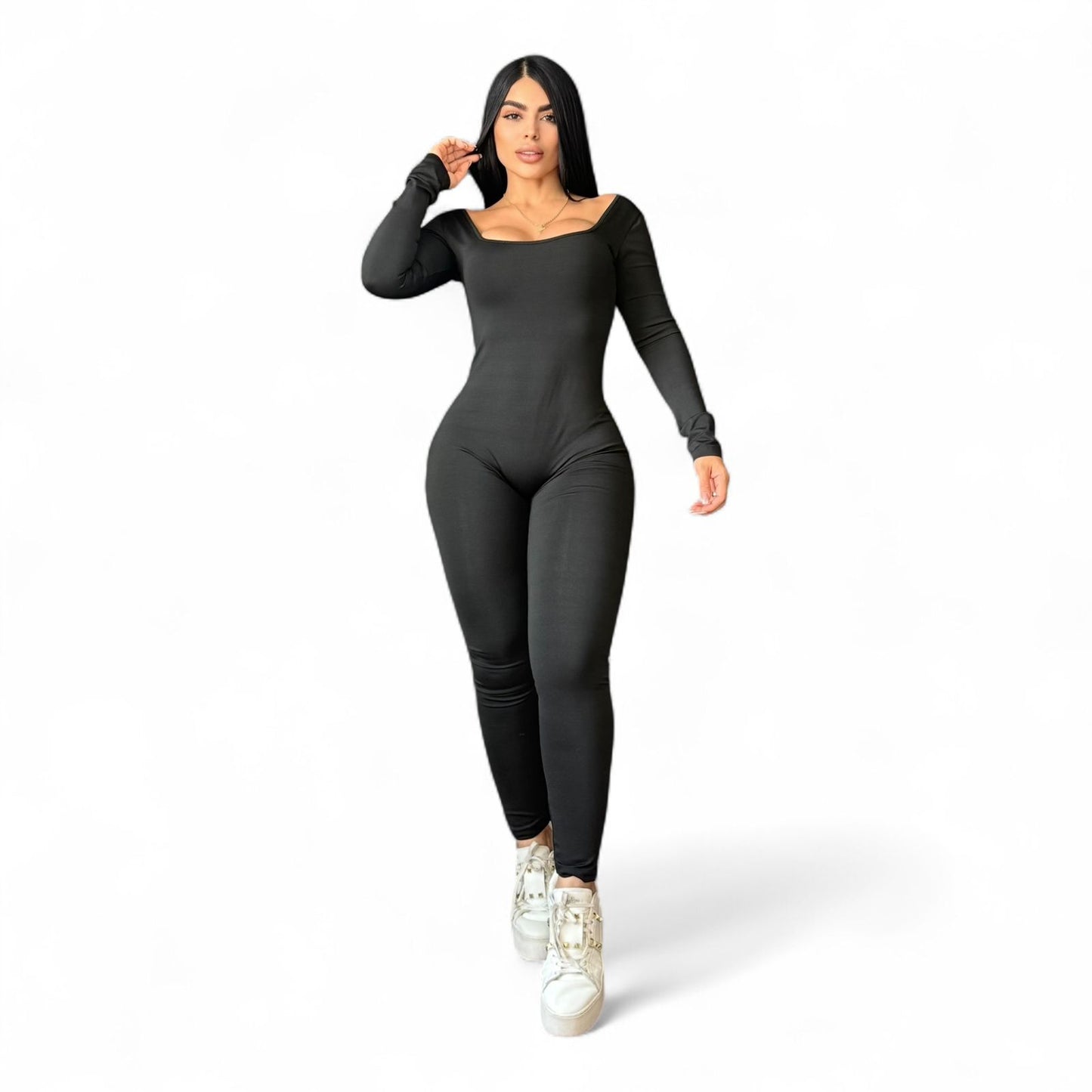Black Suplex Push Up Long Sleeve Jumpsuit