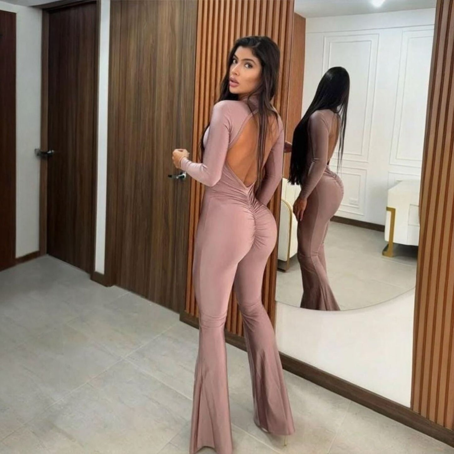 Bell-Bottom Shimmering Fabric Jumpsuit