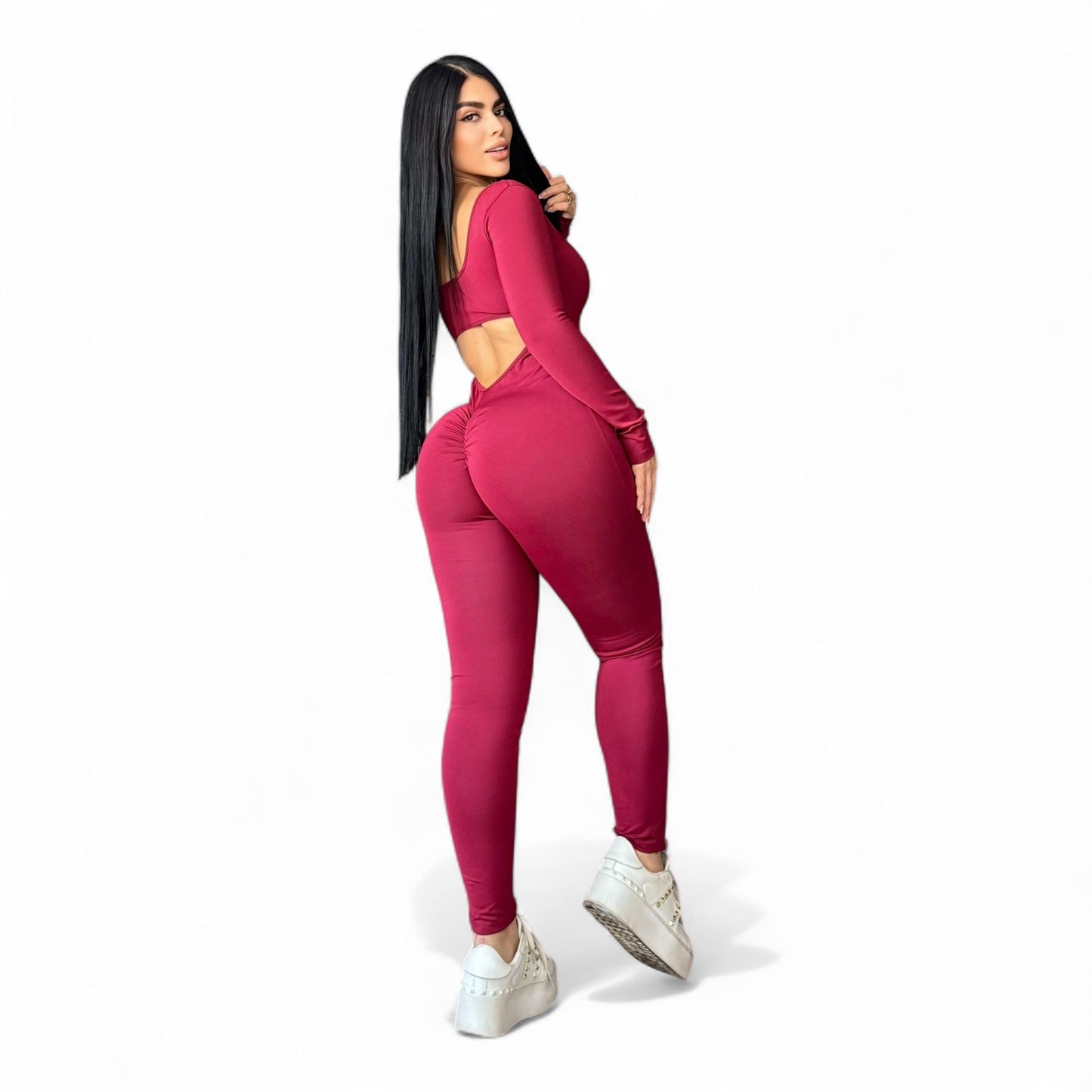 Suplex Push Up Long Sleeve Jumpsuit - Wine Red