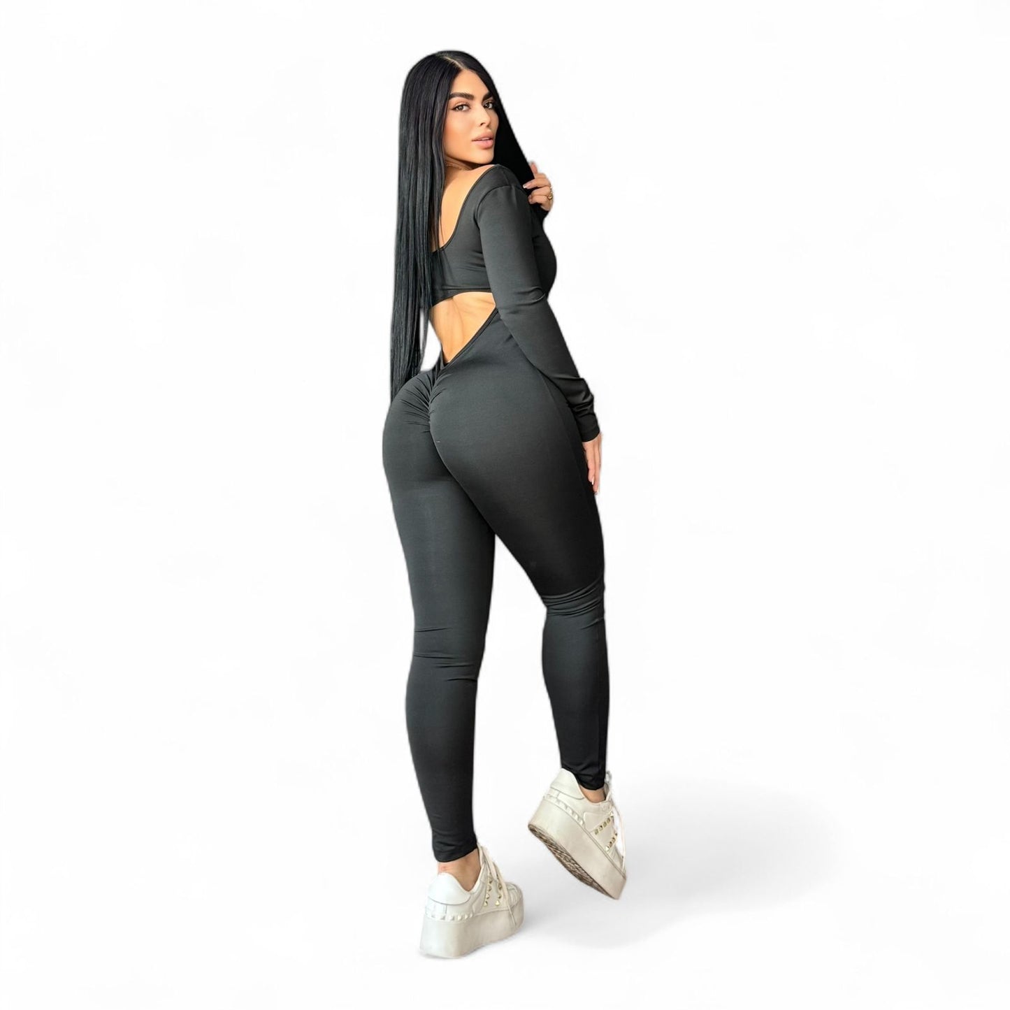Black Suplex Push Up Long Sleeve Jumpsuit