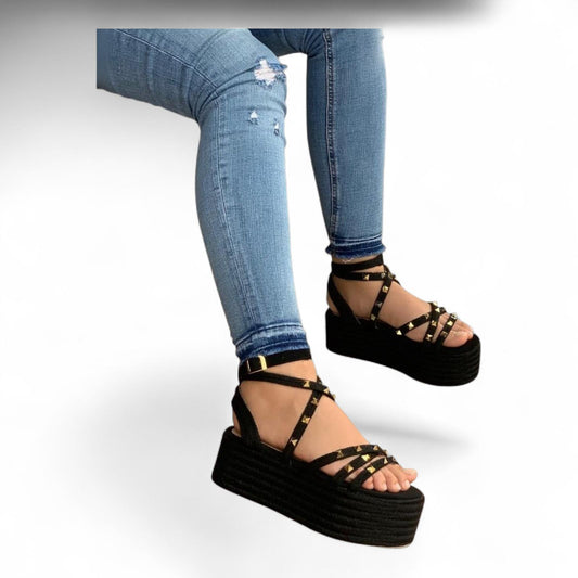Black Jute Platform Sandal 5cm with Rope Details