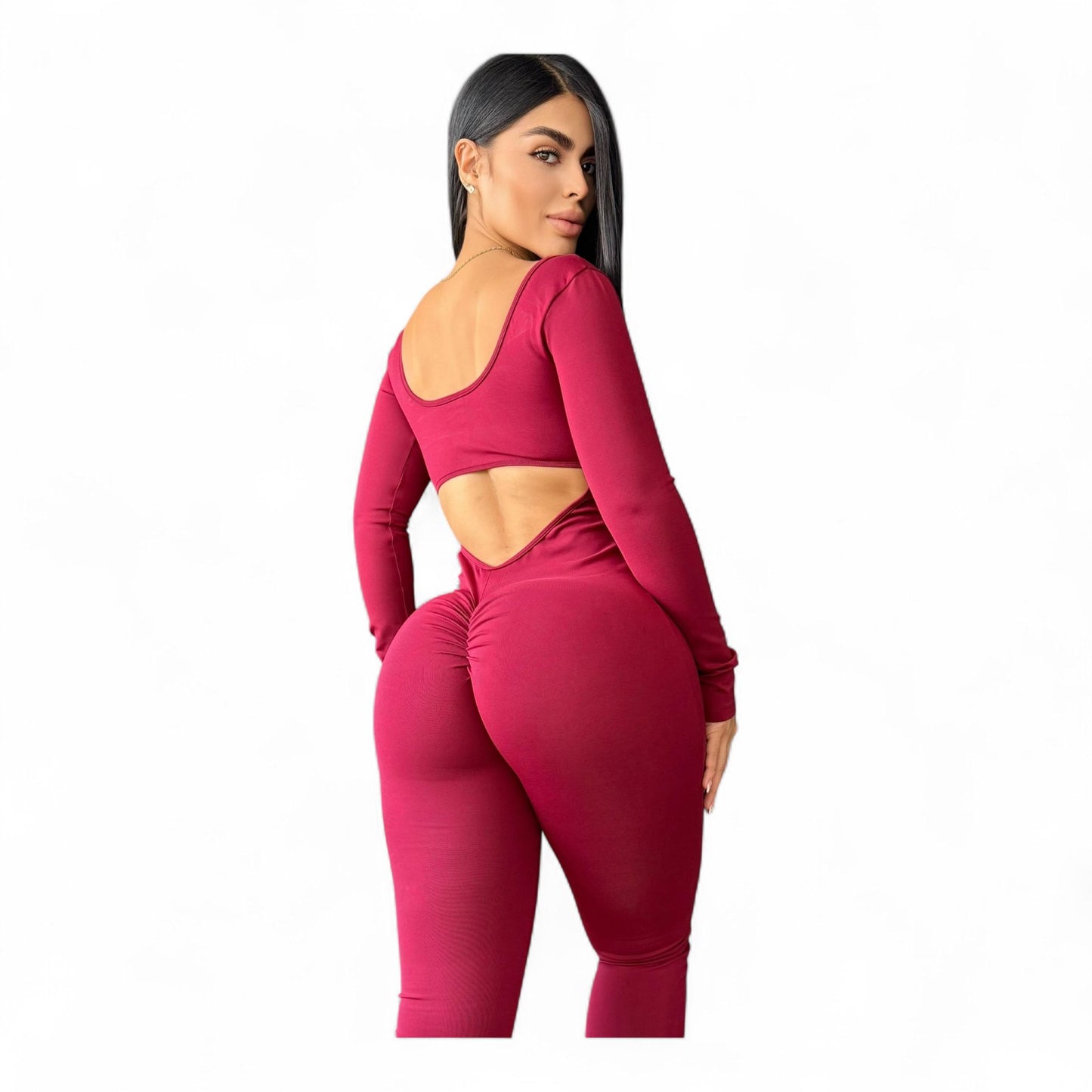 Suplex Push Up Long Sleeve Jumpsuit - Wine Red