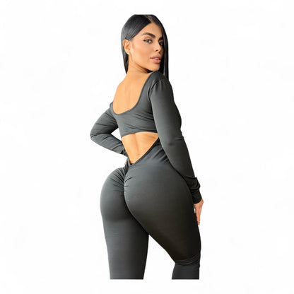 Black Suplex Push Up Long Sleeve Jumpsuit