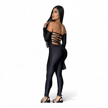 BLACK SPARKLING STRAPLESS JUMPSUIT