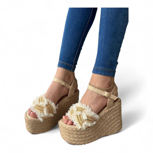 Brown Jute Platform Sandal 8cm with Fringes