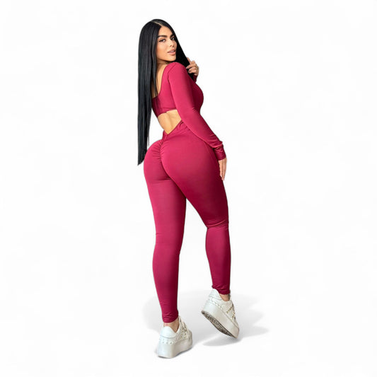 Suplex Push Up Long Sleeve Jumpsuit - Wine Red