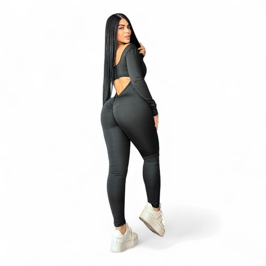Black Suplex Push Up Long Sleeve Jumpsuit
