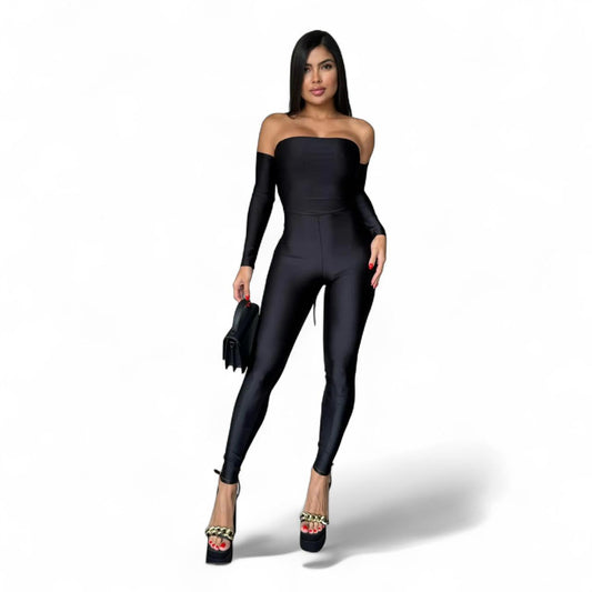 BLACK SPARKLING STRAPLESS JUMPSUIT