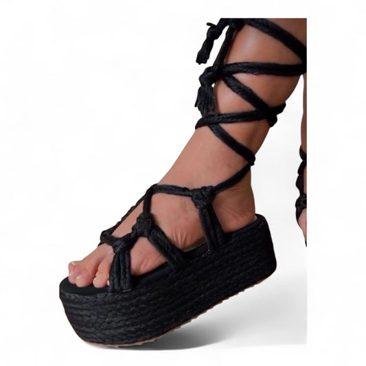 Black Braided Jute Platform Sandal 5cm