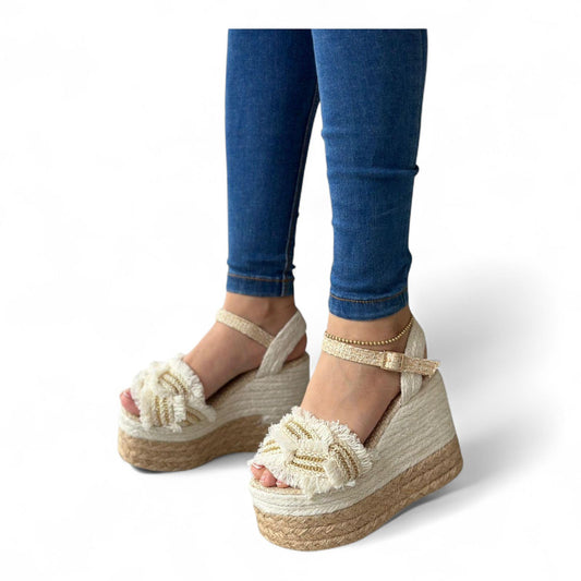 White and Brown Jute Sandal 8cm Platform